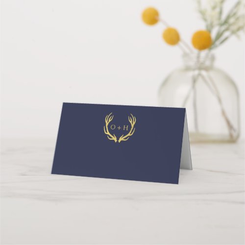 Monogram Gold Antlers  Wedding Folded Place Cards