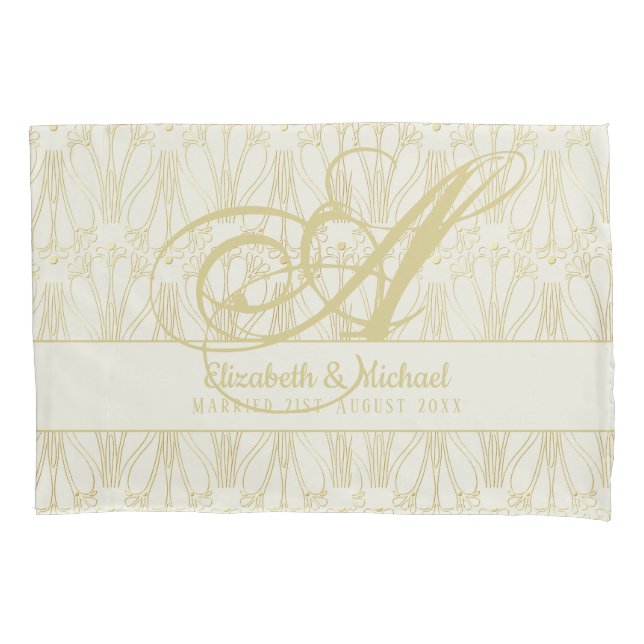 Monogram Gold ArtDeco Newlyweds Wedding Elegant Pillow Case (Front)