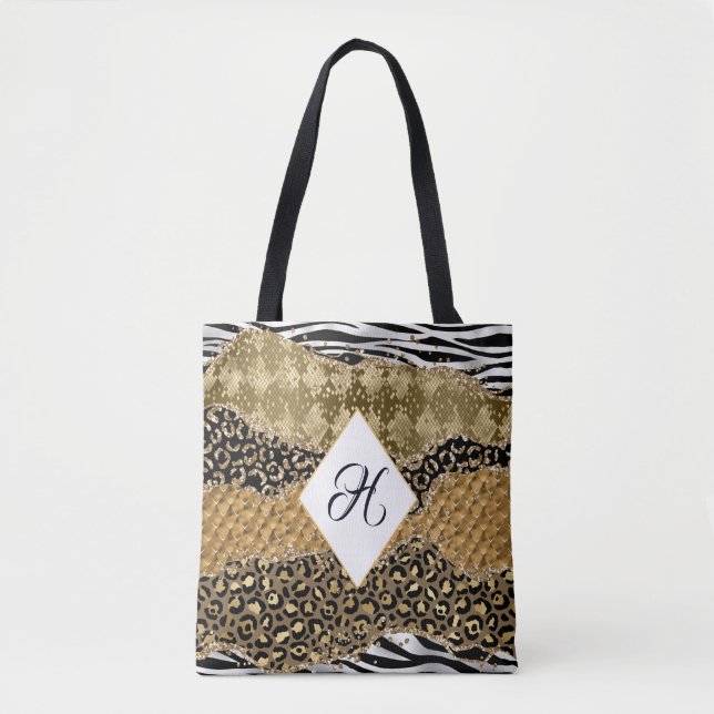 Monogram Gold Black Animal Print Safari Agate Tote Bag (Front)
