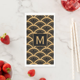 Monogram Gold Black Art Deco Fan Flower Pattern Paper Guest Towels