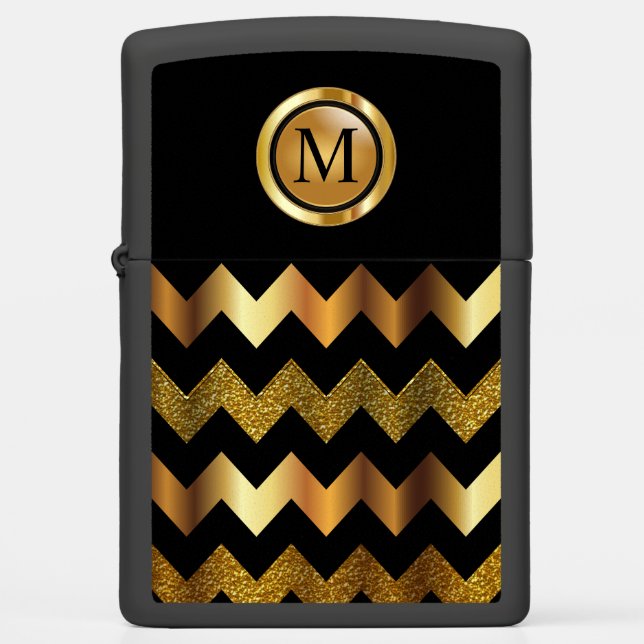 Monogram - Gold & Black Chevron  Zippo Lighter (Front)