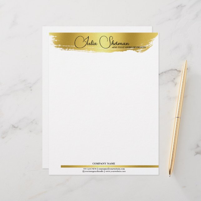 Monogram Gold Black Chic Modern Script Minimalist Letterhead (Front/Back In Situ)