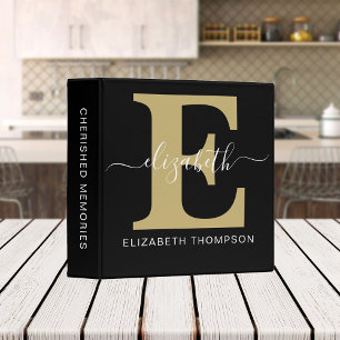 Monogram Gold Black Customized Script Name Initial 3 Ring Binder
