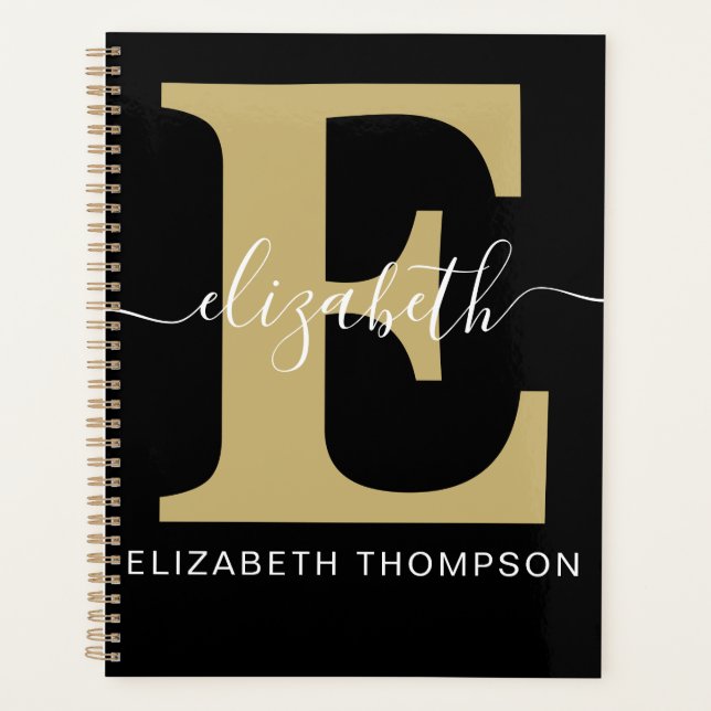 Monogram Gold Black Customized Script Name Initial Planner (Front)