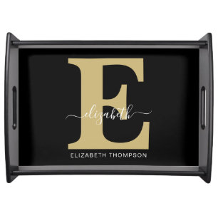 Monogram Gold Black Customized Script Name Serving Tray