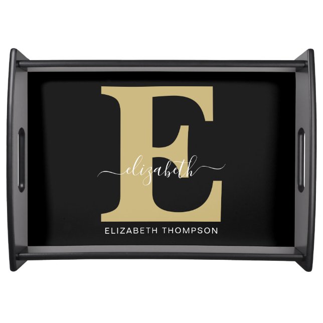 Monogram Gold Black Customized Script Name Serving Tray (Front)