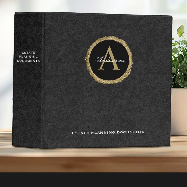 Monogram Gold Black Estate Planning Documents 3 Ring Binder (An elegant black and gold circle monogram decorates this estate planning binder )