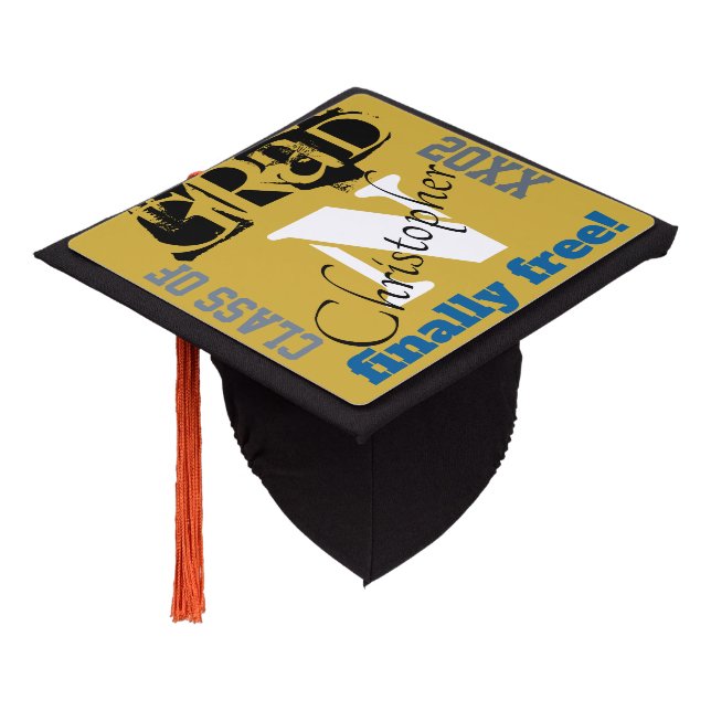 Monogram Gold Black Finally Free Graduation Cap Topper (Angled)