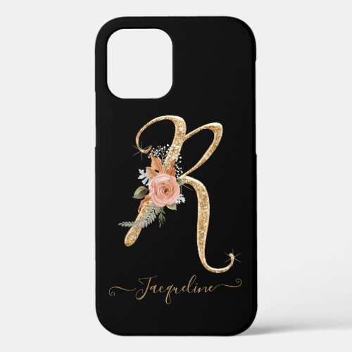 Monogram Gold Black Floral Watercolor Letter R iPhone 12 Case