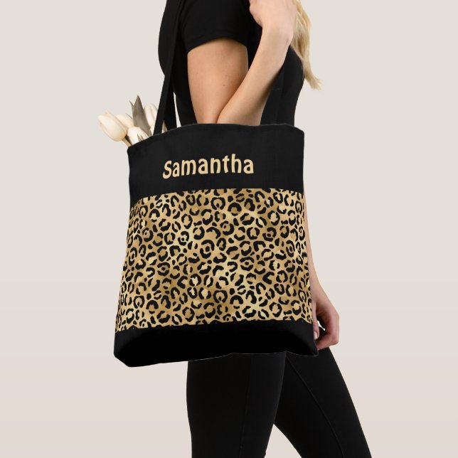 Monogram Gold Black Leopard Print Cheetah Animal  Tote Bag (Close Up)
