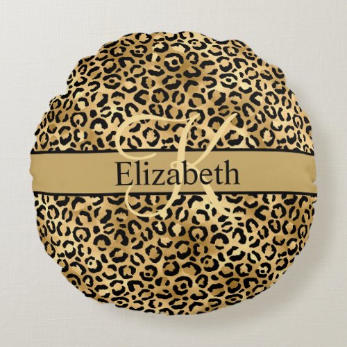 Monogram Gold Black Leopard Print Trendy Round Pillow