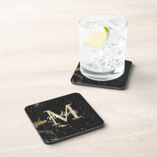 Monogram Gold Black Marble Beverage Coaster