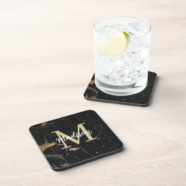 Monogram Gold Black Marble Beverage Coaster (Right Side)