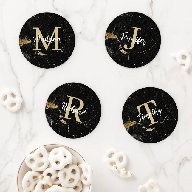Monogram Gold Black Marble Coaster Set (In Situ)