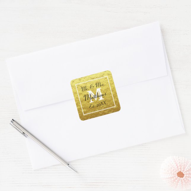 Monogram Gold Black Mr Mrs Year Wedding Paper  Square Sticker (Envelope)