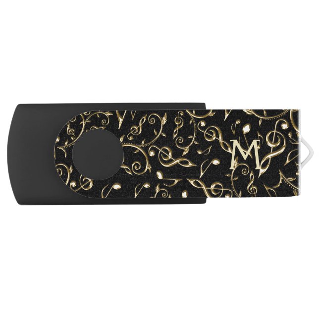 Monogram Gold Black Music Notes Pattern USB Drive (Front)