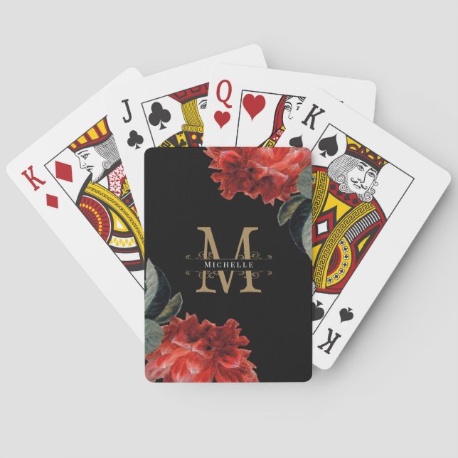 Monogram Gold Black Red Floral Elegant Custom Poker Cards (Back)