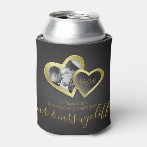 Monogram Gold Black Valentine Hearts Your Photo Can Cooler