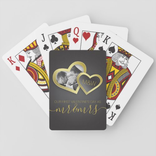 Monogram Gold Black Valentine Hearts Your Photo Playing Cards