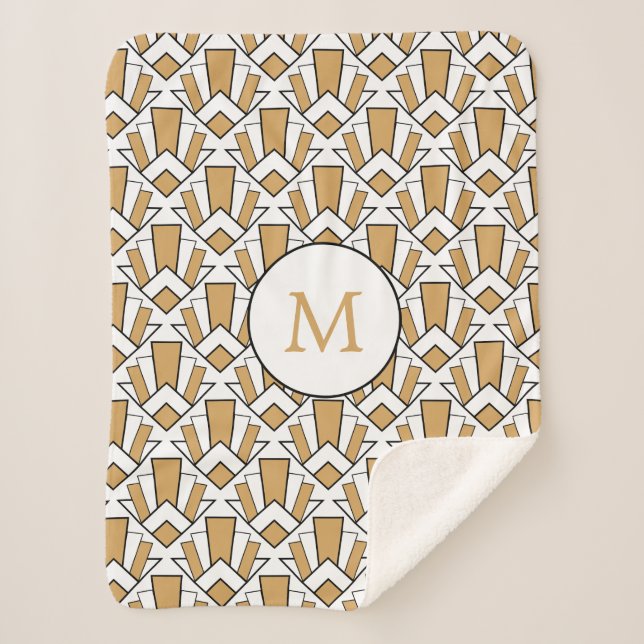 Monogram Gold, Black, White Art Deco Fan Flower Sherpa Blanket (Front)