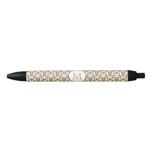 Monogram Gold Black White Art Deco Fan Flowers Black Ink Pen