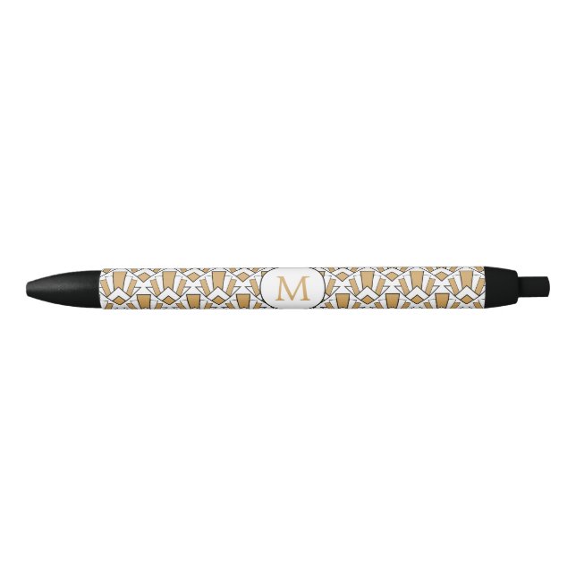 Monogram Gold, Black, White Art Deco Fan Flowers Pen (Front)