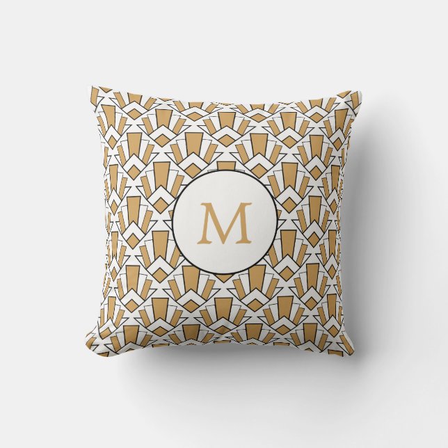 Monogram Gold, Black, White Art Deco Fan Flowers Throw Pillow (Front)