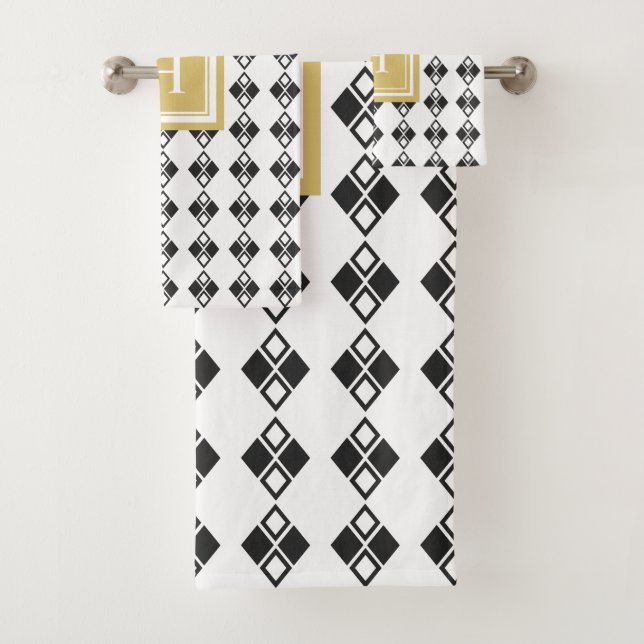 Monogram gold black white harlequin pattern bath towel set (Insitu)