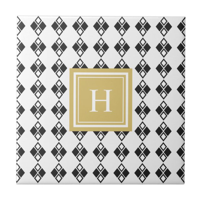 Monogram gold black white harlequin pattern ceramic tile (Front)