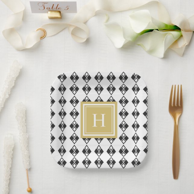 Monogram gold black white harlequin pattern paper plates (Wedding)