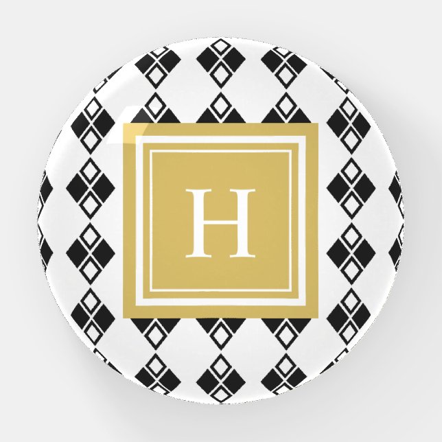 Monogram gold black white harlequin pattern paperweight (Front)