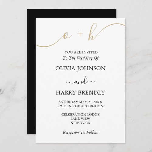 Monogram Gold Black White Wedding Invitation