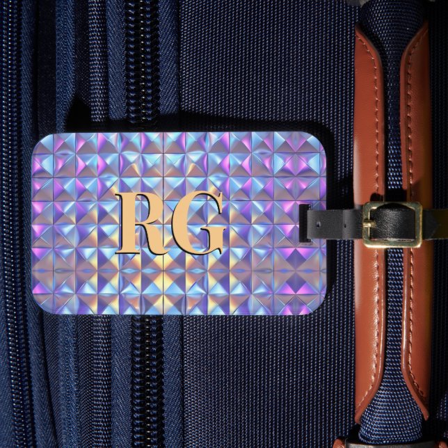 Monogram, Gold, Blue & Purple Iridescent Geometric Luggage Tag (Front Insitu 4)