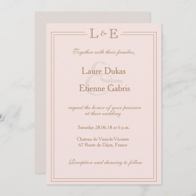 Monogram gold blush gray ampersand modern wedding invitation (Front/Back)