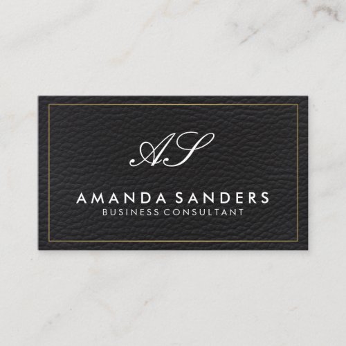 Monogram Gold Border Faux Leather Business Card