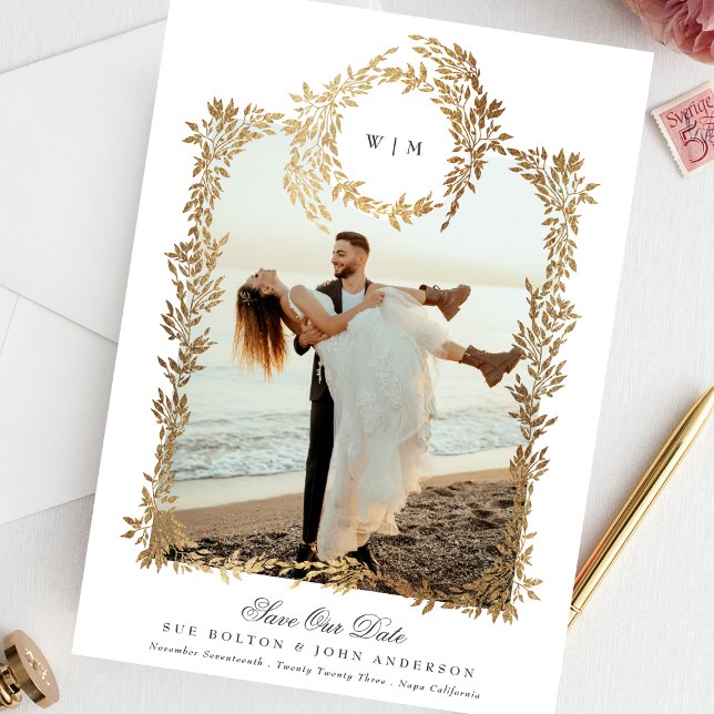Monogram Gold Botanical Wreath Photo Frame Wedding Save The Date (Creator Uploaded)
