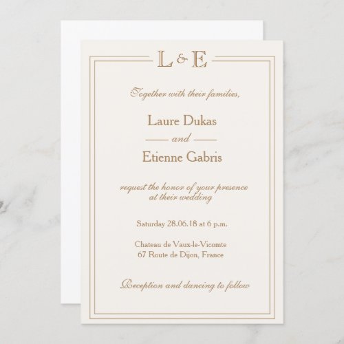 Monogram gold champagne white chic modern wedding invitation