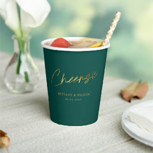 Monogram Gold Cheers Emerald Green Wedding Paper Cups