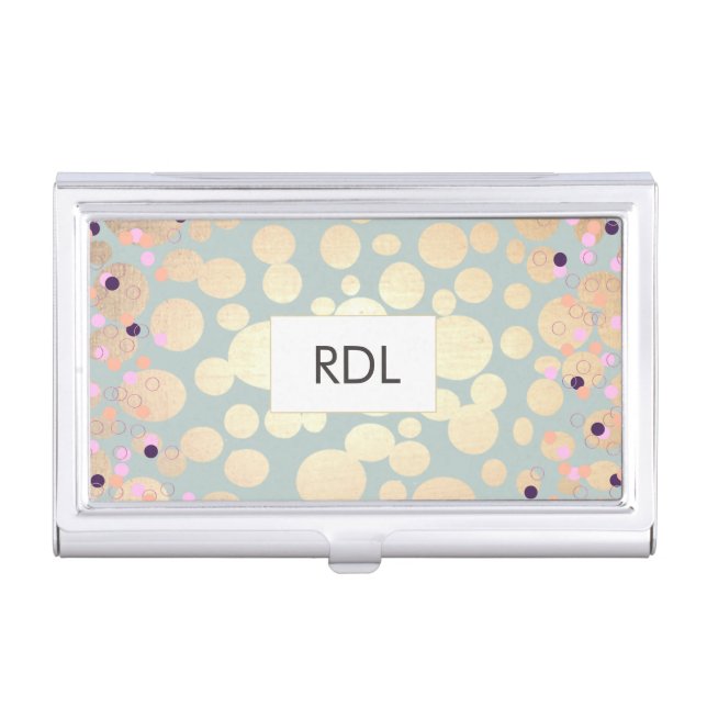 Monogram Gold Circle Confetti Business Card Holder (Front)