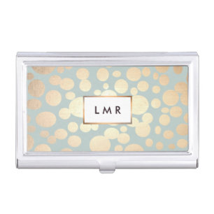 Monogram Gold Circle Pattern Sage Blue Business Card Holder