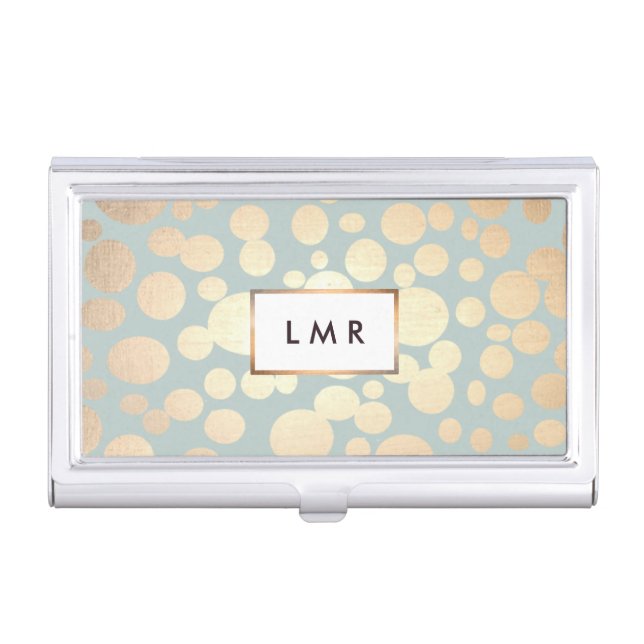 Monogram  Gold Circle Pattern Sage Blue Business Card Holder (Front)
