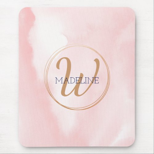 Monogram Gold Circle Pink Watercolor Background Mouse Pad