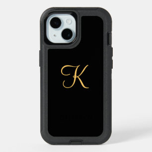 Monogram , gold colored initial K on black, Heart  iPhone 15 Case