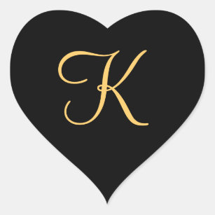 Monogram , gold colored initial K on black, Heart Sticker