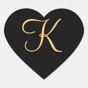 Monogram , gold colored initial K on black, Heart Sticker