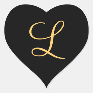 Monogram , gold colored initial L on black, Heart Sticker