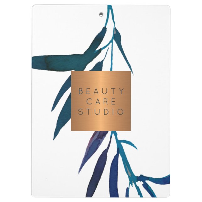 Monogram gold copper metallic ocean blue leaves clipboard (Back)