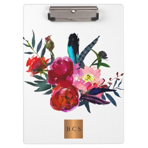 Monogram gold copper metallic pink blush floral clipboard