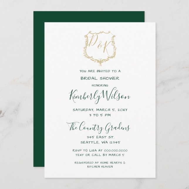 Monogram Gold Crest and Forest Green Bridal Shower Invitation (Front/Back)
