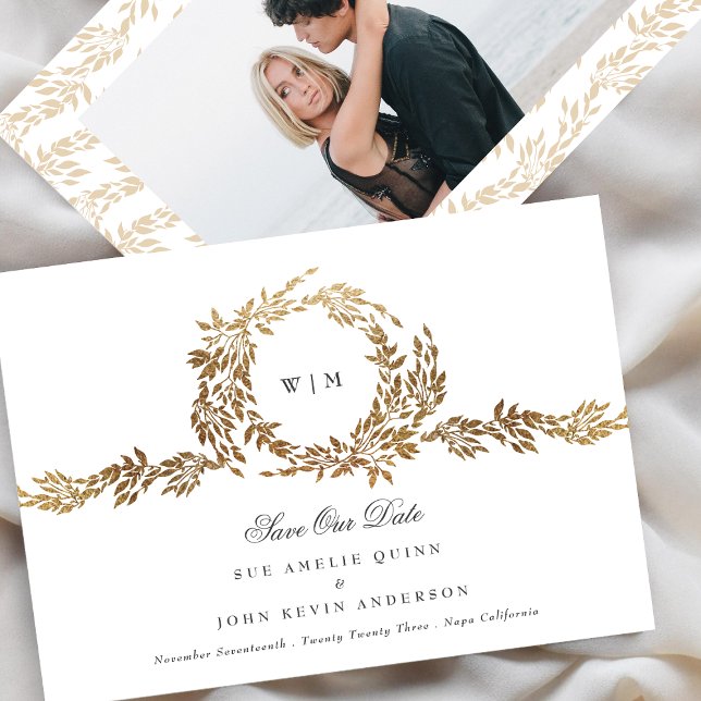 Monogram Gold Crest Classic Elegant Wedding Photo Save The Date (Creator Uploaded)